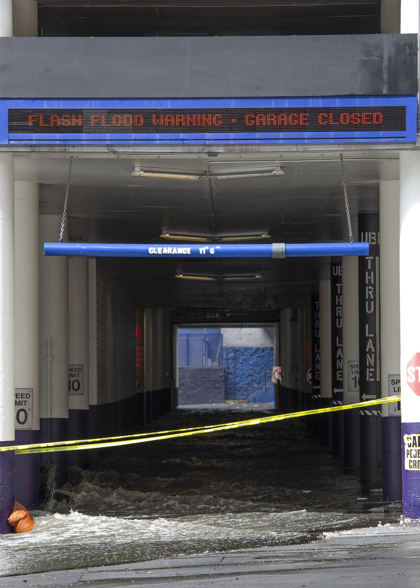 The LINQ parking garage is flooded on Friday, March 12, 2021, in Las Vegas. (Ellen Schmidt/Las ...