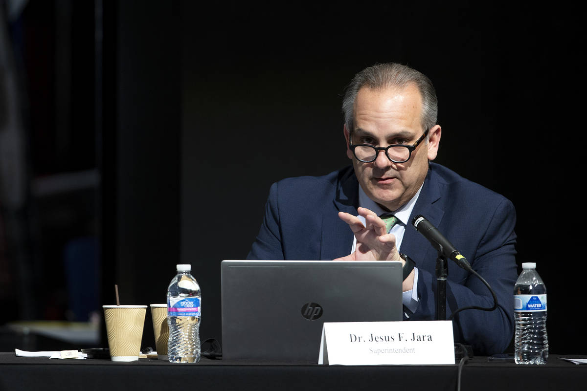 Clark County School District superintendent Jesus Jara speaks during the district's first in-pe ...