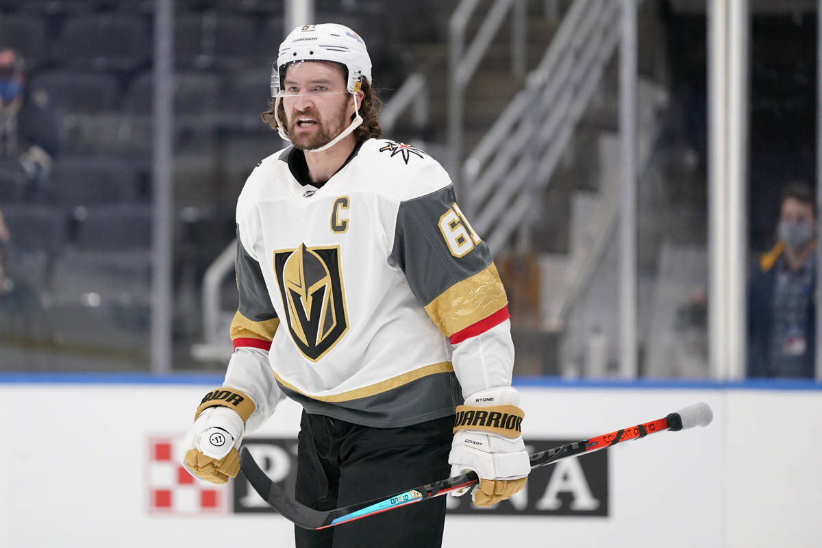 Vegas Golden Knights' Mark Stone celebrates after scoring during the first period of an NHL hoc ...