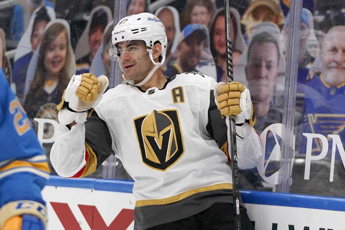 Vegas Golden Knights' Max Pacioretty celebrates after scoring during the third period of an NHL ...