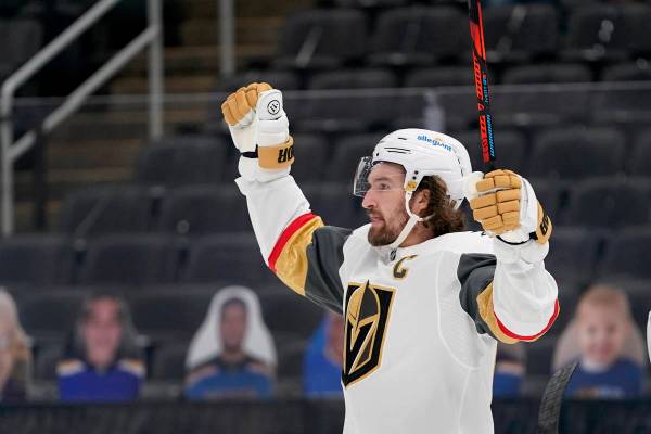 Vegas Golden Knights' Mark Stone celebrates after scoring during the third period of an NHL hoc ...