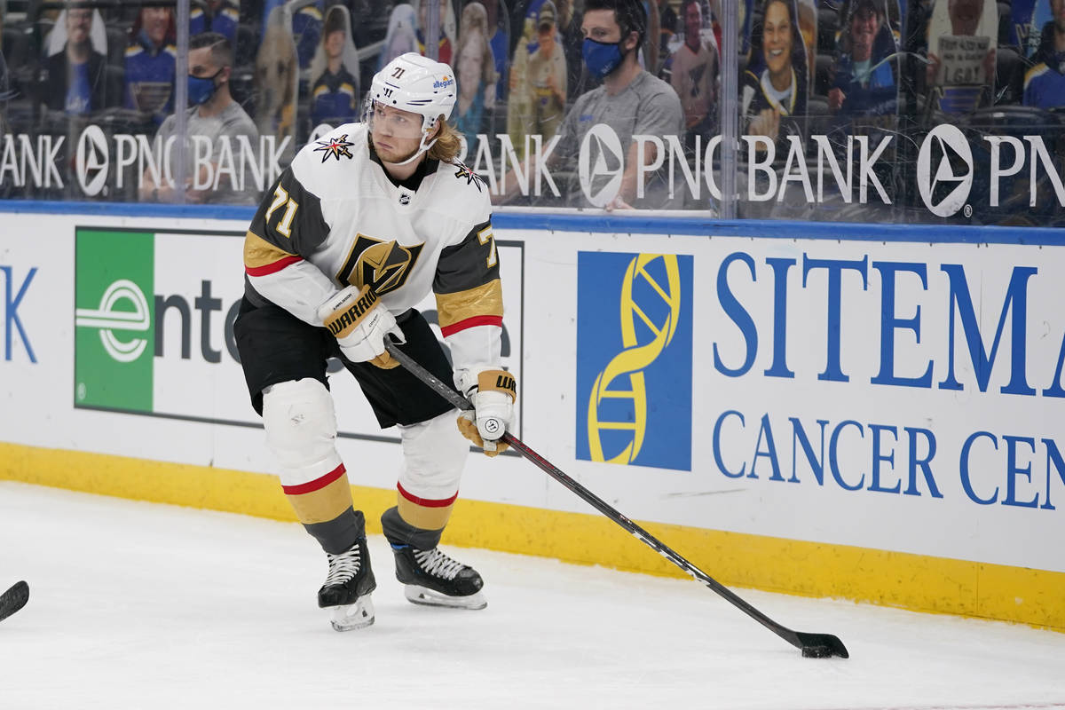 Vegas Golden Knights' William Karlsson (71) looks to pass during the third period of an NHL hoc ...