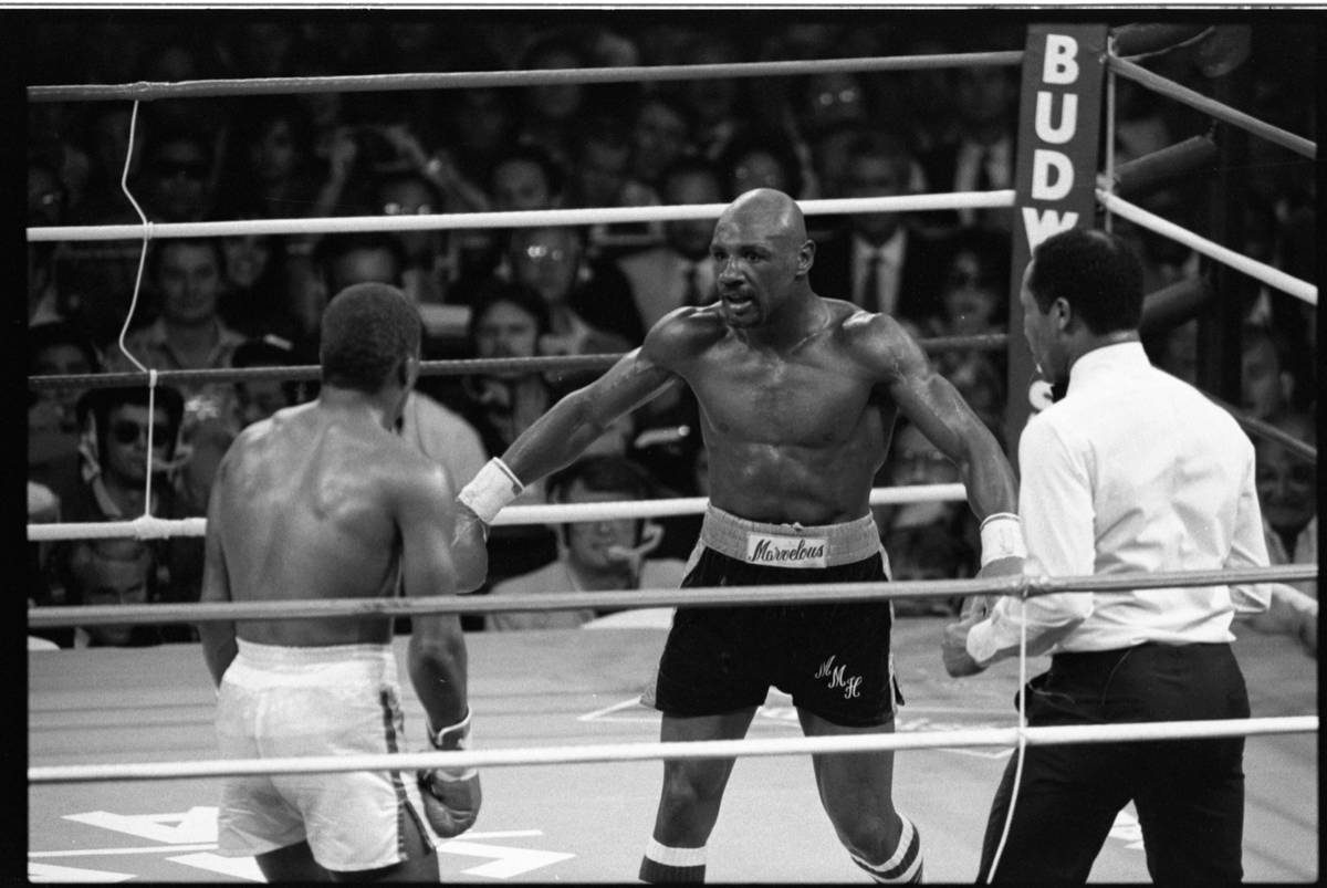 World Boxing Council middleweight championship fight between Sugar Ray Leonard, wearing white s ...
