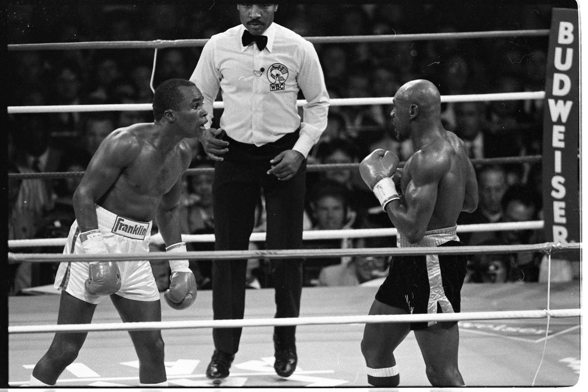 World Boxing Council middleweight championship fight between Sugar Ray Leonard, wearing white s ...
