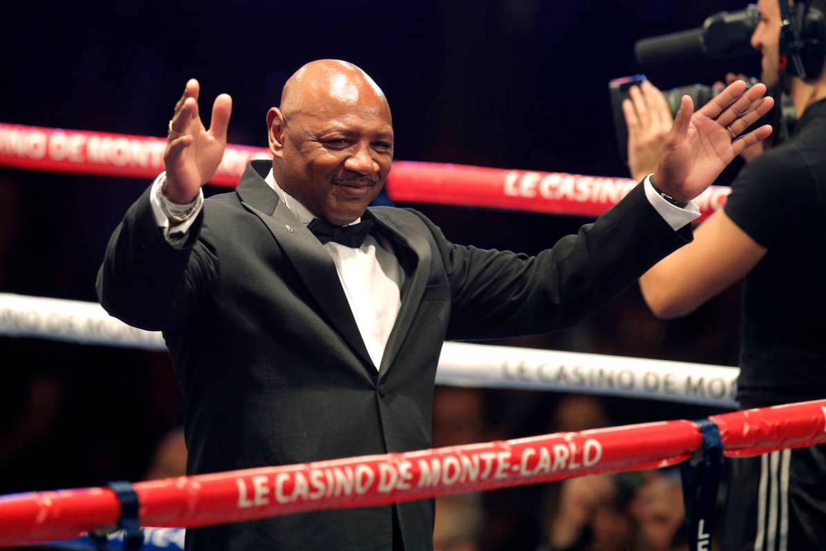 Retired American professional boxer Marvin Hagler gestures before the WBA middleweight title fi ...