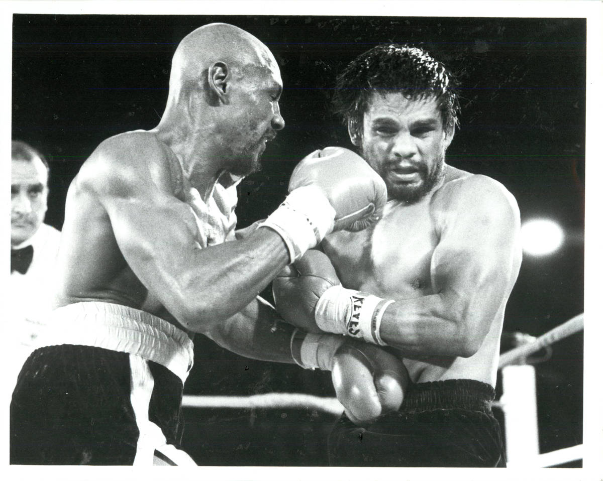 Marvin Hagler, left, vs Robert Duran. (Wayne Kodey/Las Vegas Review-Journal)