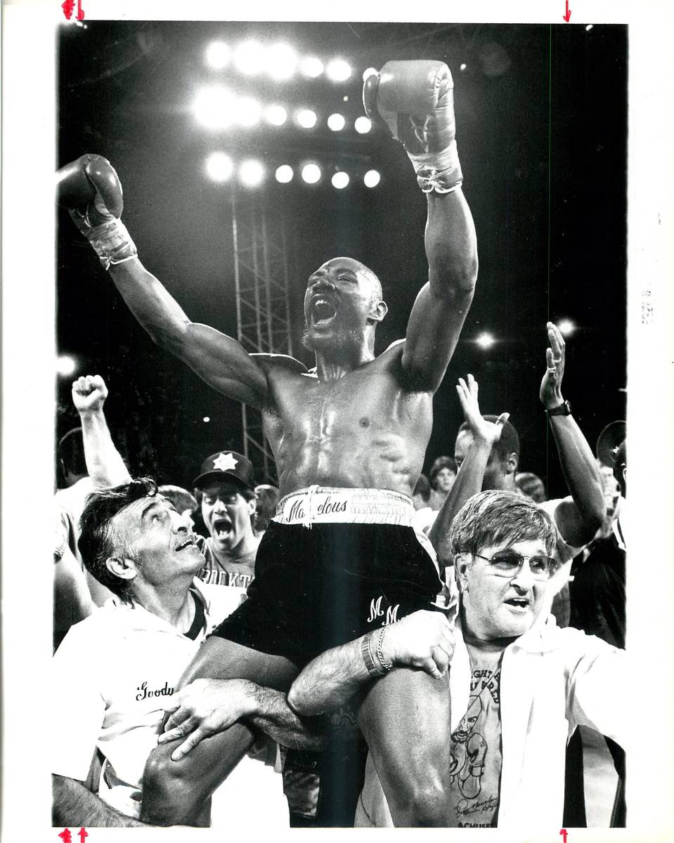 Marvelous Marvin Hagler, shown after his victory over Thomas Hearns on April 15, 1985. (Jeff Sc ...