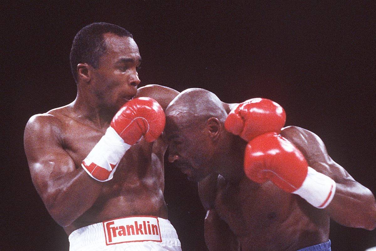 1987 title fight between Sugar Ray Leonard, left, and Marvelous Marvin Hagler at Caesars Palace ...