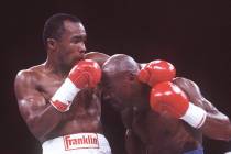 1987 title fight between Sugar Ray Leonard, left, and Marvelous Marvin Hagler at Caesars Palace ...
