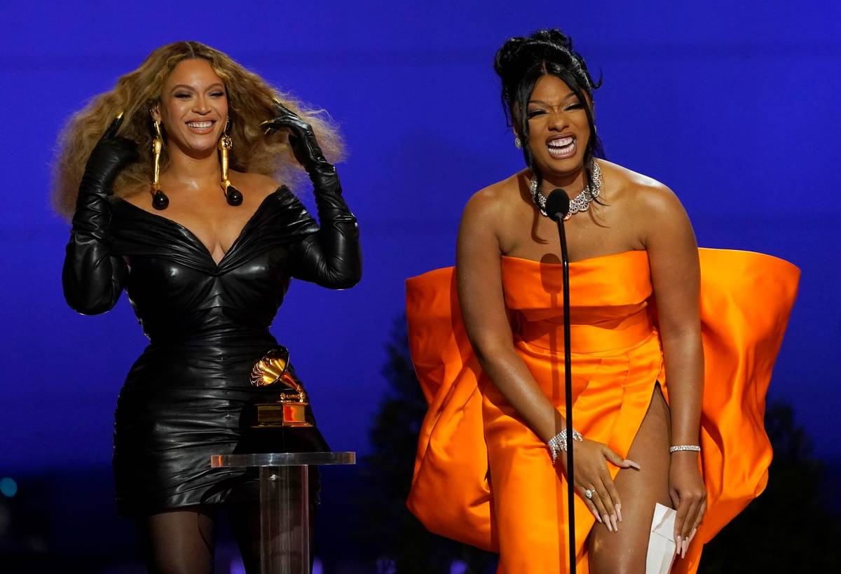 Beyonce, left, and Megan Thee Stallion accept the award for best rap song for "Savage" at the 6 ...