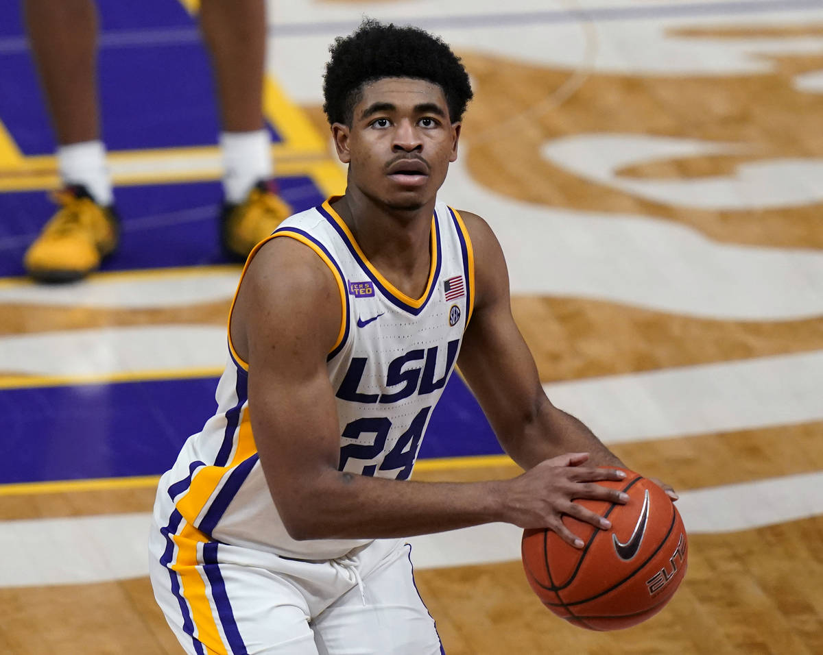 FILE - In this Feb. 13, 2021, file photo, LSU guard Cameron Thomas (24) shoots a free throw in ...
