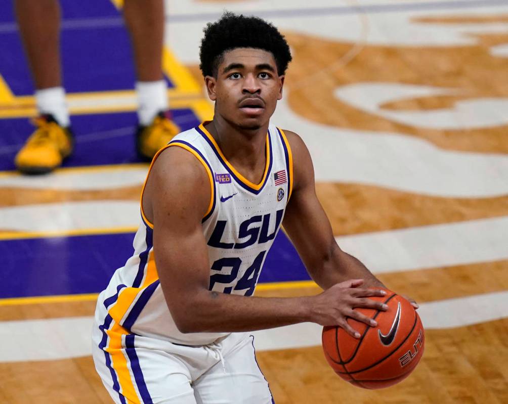 FILE - In this Feb. 13, 2021, file photo, LSU guard Cameron Thomas (24) shoots a free throw in ...