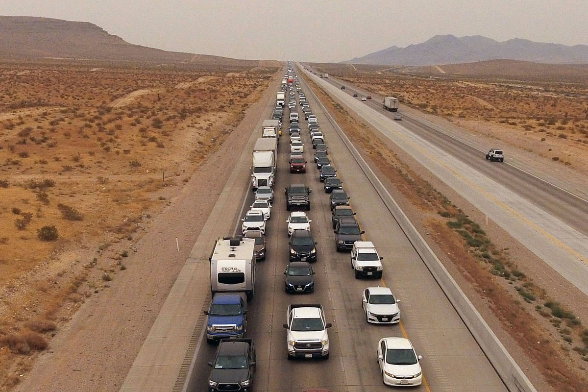 Southbound Interstate-15 traffic builds at mile mark 5 north Primm on Monday, Sept. 7, 2020. (B ...