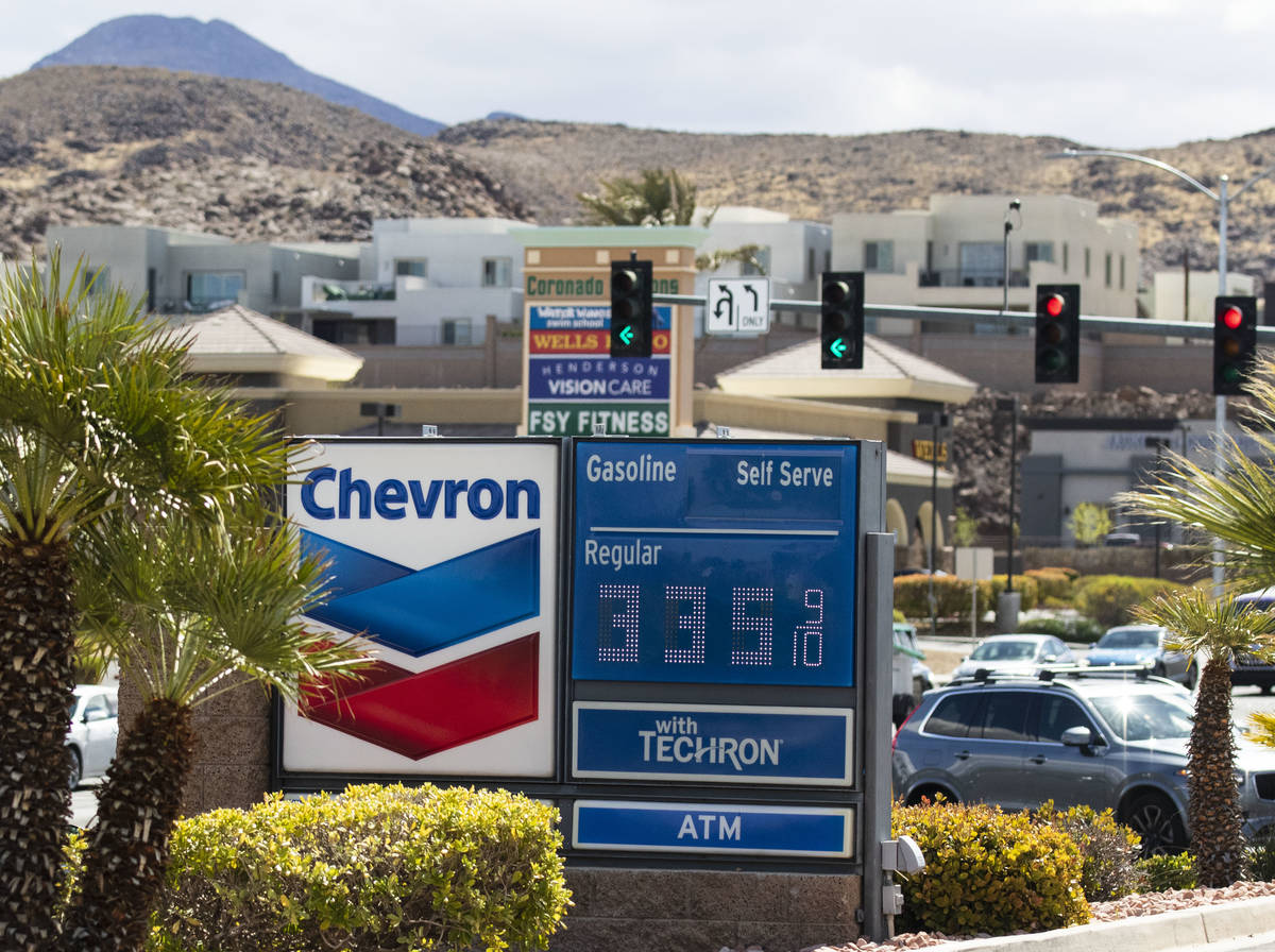 Gas price is displayed at Chevron on Green Valley Parkway, on Monday, March, 15, 2021, in Hende ...