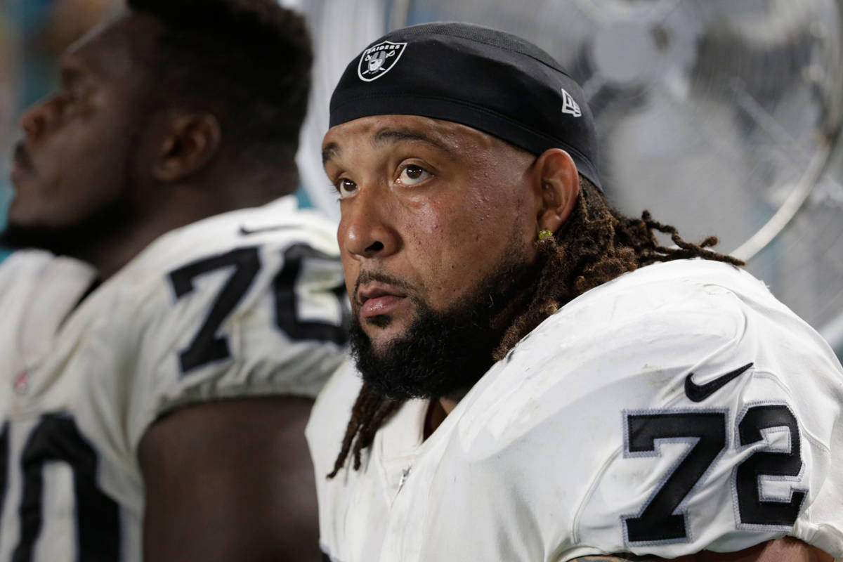 FILE - In this Nov. 5, 2017, file photo, Oakland Raiders offensive tackle Donald Penn (72) sits ...