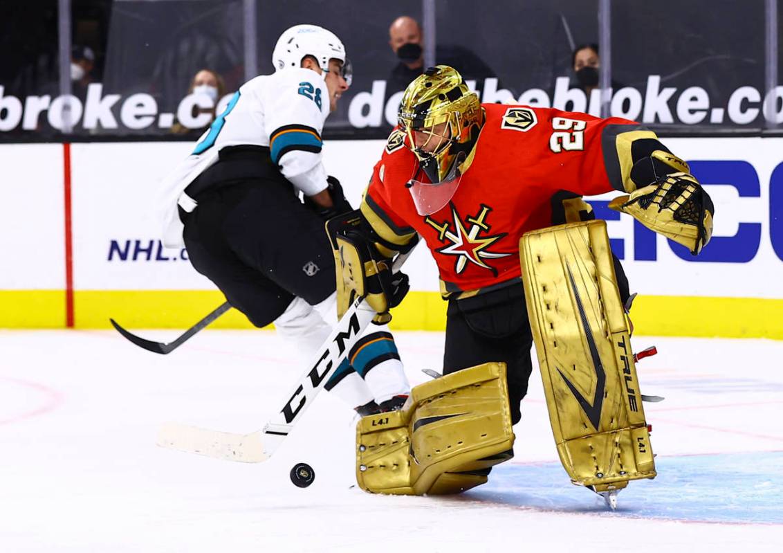 Golden Knights goaltender Marc-Andre Fleury (29) blocks a shot from San Jose Sharks' Timo Meier ...