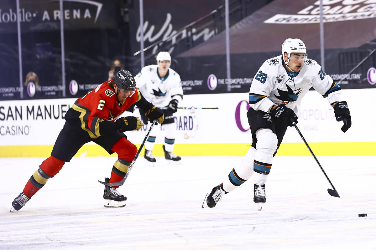 San Jose Sharks' Timo Meier (28) skates with the puck in front of Golden Knights' Zach Whiteclo ...