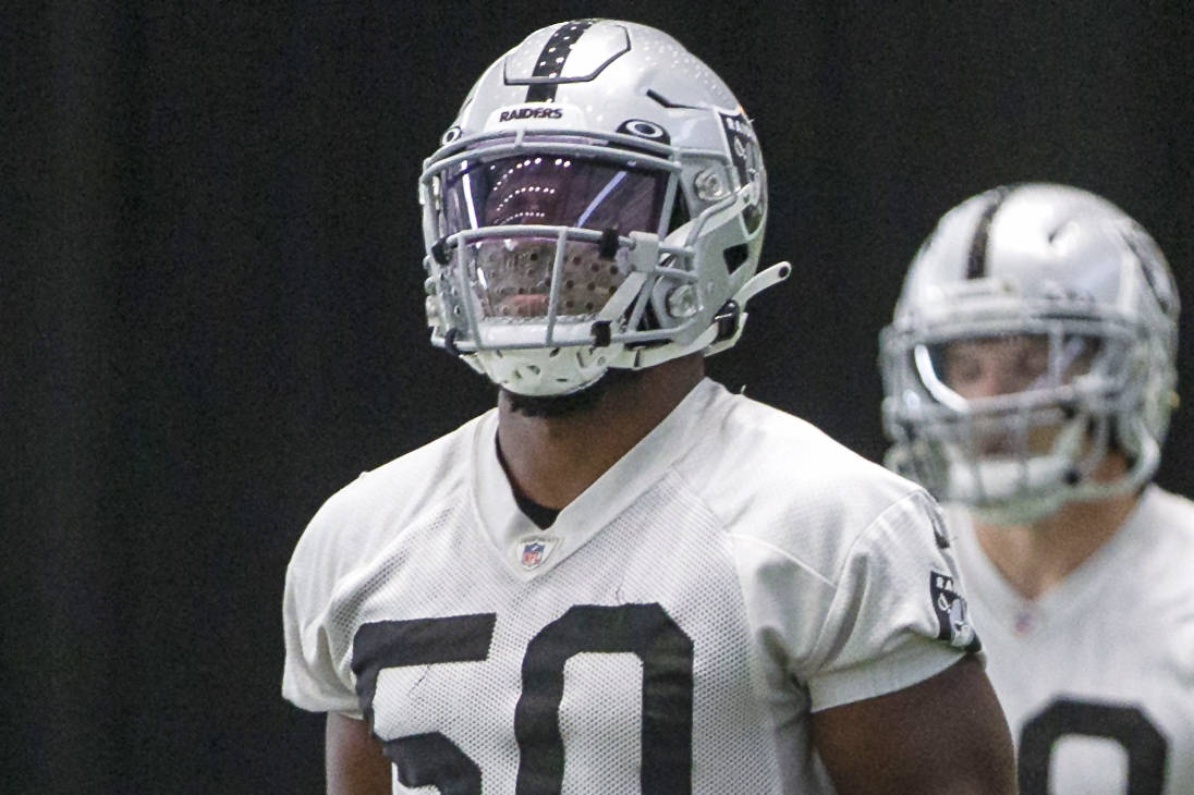 Las Vegas Raiders linebacker Nicholas Morrow (50) runs during a practice session at the Intermo ...