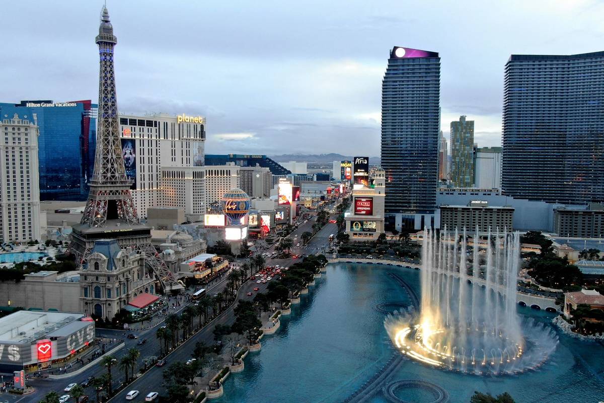 Aerial view of the Las Vegas Strip a year after the pandemic shutdown on Friday, March 12, 2021 ...