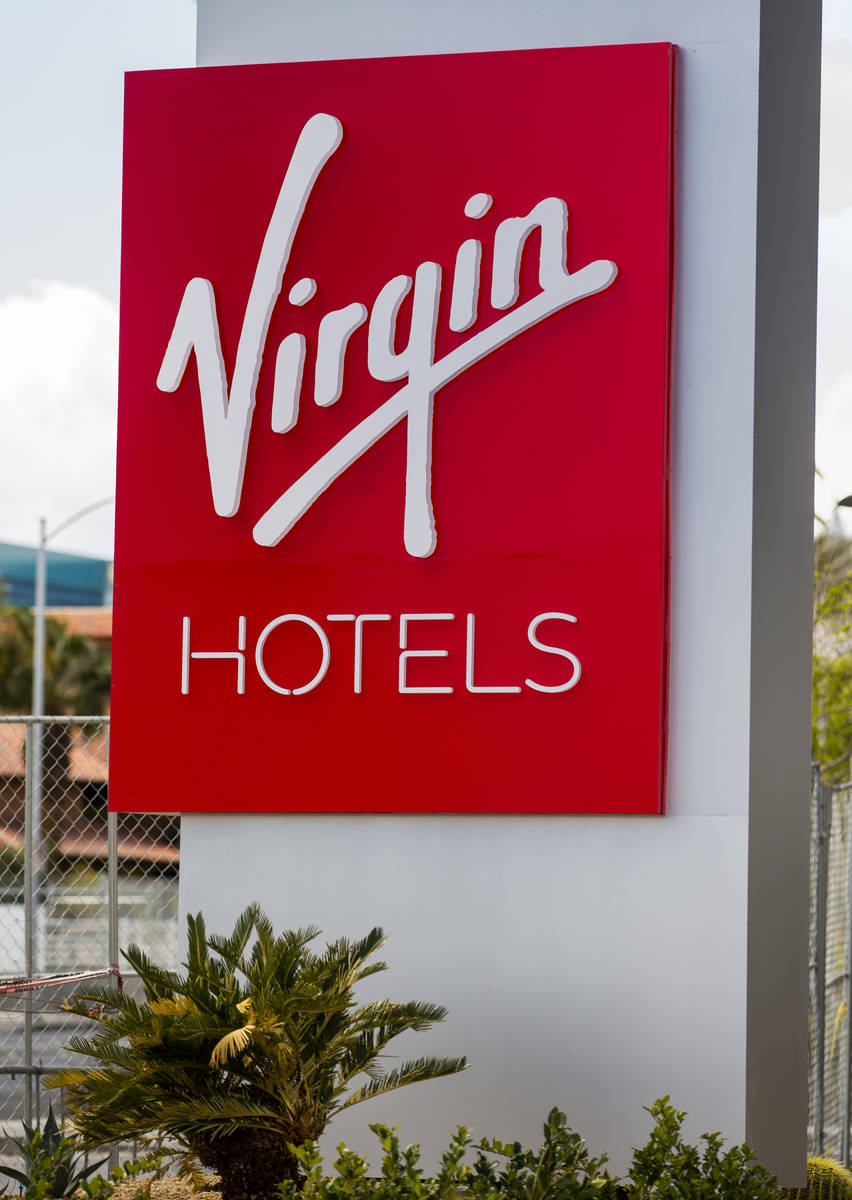 Exterior signage for the reimagined and re-conceptualized casino resort Virgin Hotels Las Vegas ...