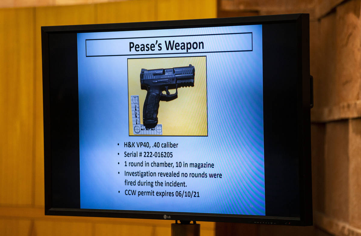 An image of the firearm that belonged to James Pease is shown during a fact-finding review for ...