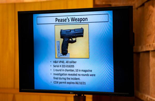 An image of the firearm that belonged to James Pease is shown during a fact-finding review for ...
