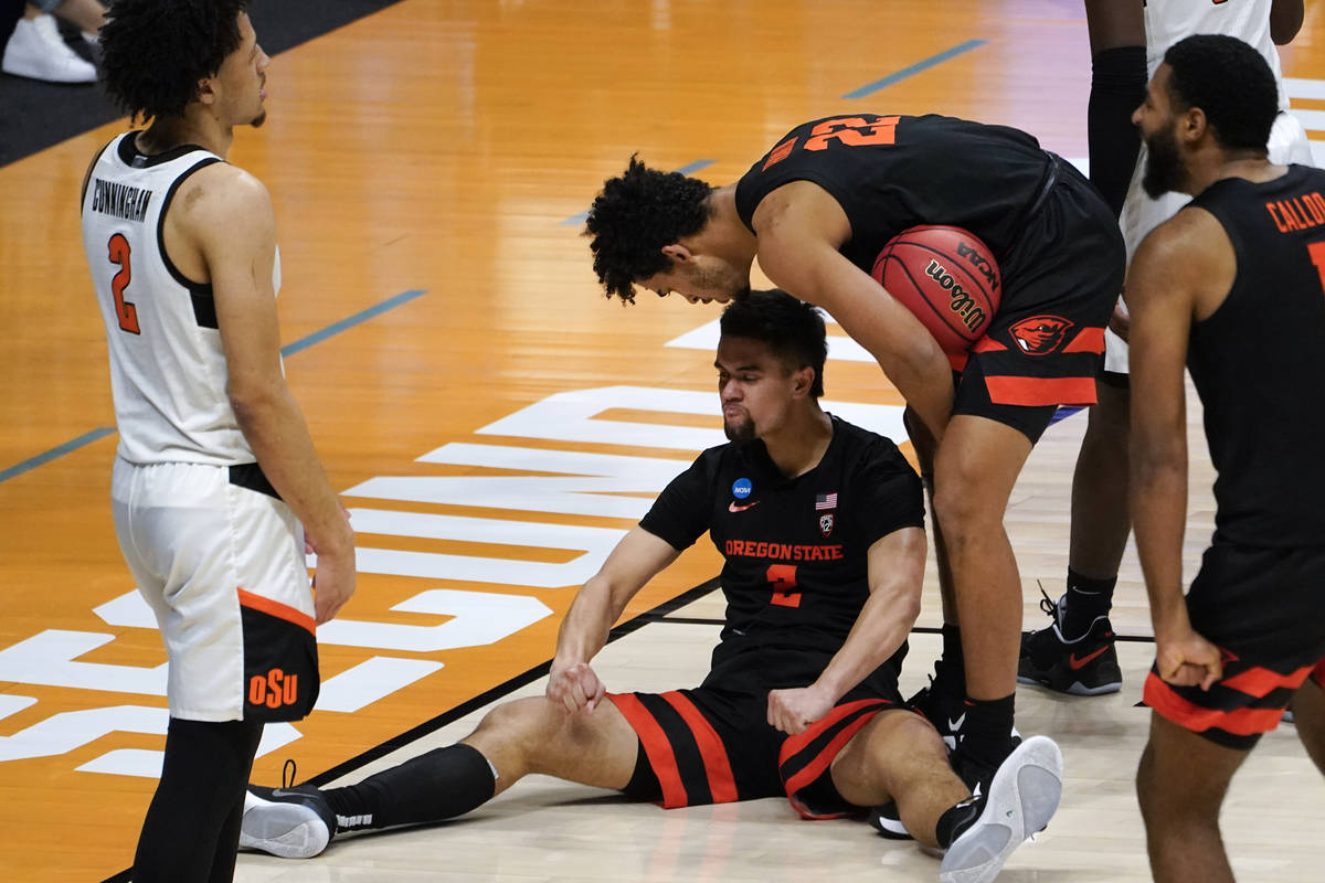 Oregon State guard Jarod Lucas (2) reacts to being fouled on a layup against Oklahoma State dur ...