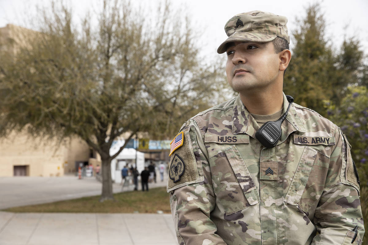 Nevada National Guard Sgt. John Huss at the Cashman Center in Las Vegas, on Thursday, March 18, ...