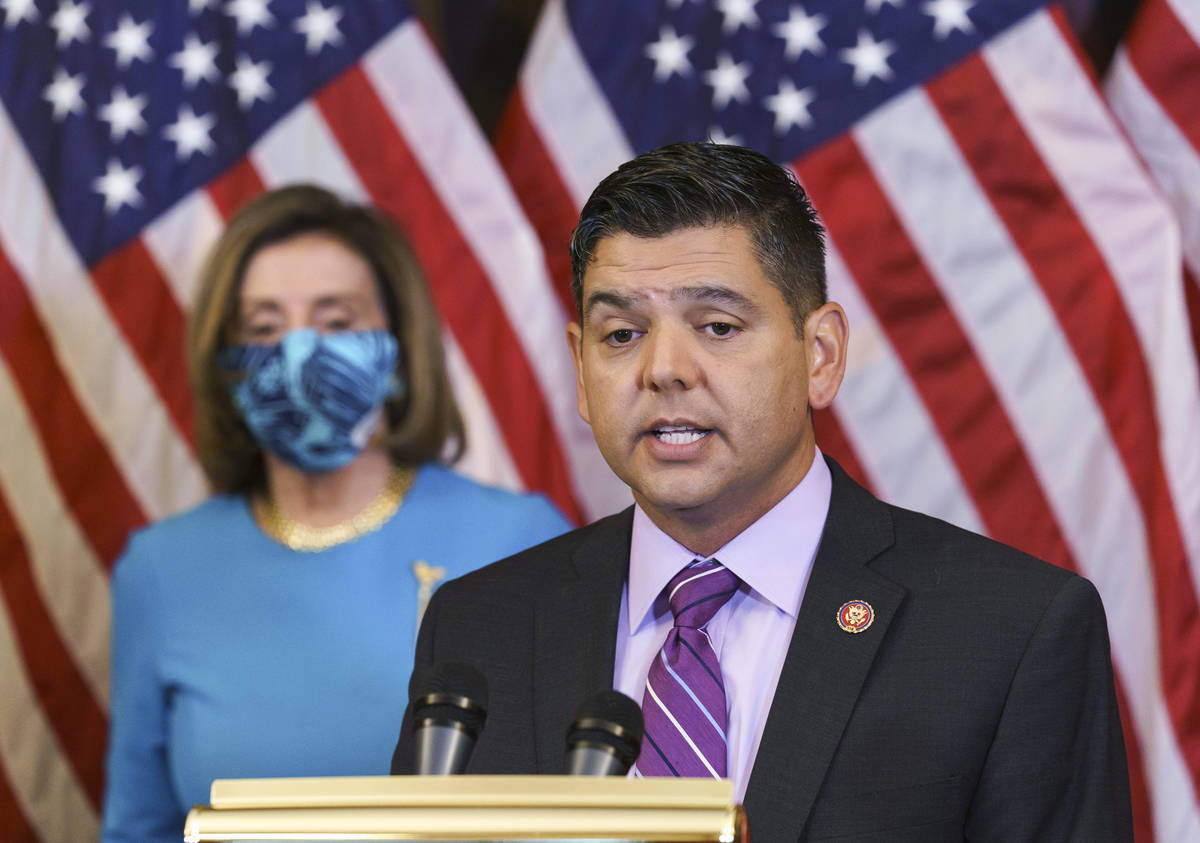 Rep. Raul Ruiz, D-Calif., chairman of the House Hispanic Caucus, joins Speaker of the House Nan ...