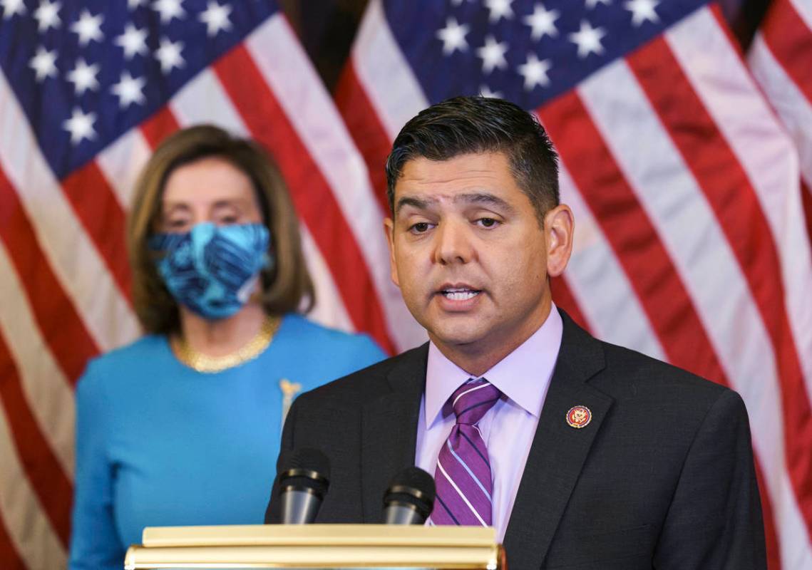 Rep. Raul Ruiz, D-Calif., chairman of the House Hispanic Caucus, joins Speaker of the House Nan ...