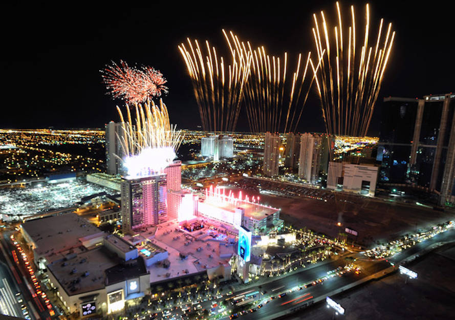Fireworks explode over the SLS Las Vegas during its grand opening celebration on Saturday, Aug. ...