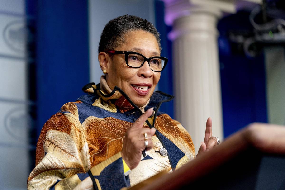 Housing and Urban Development Secretary Marcia Fudge speaks at a press briefing at the White Ho ...