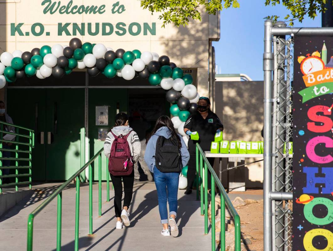 Students arrive at K.O. Knudson Academy of the Arts, on Monday, March 22, 2021, in Henderson. T ...