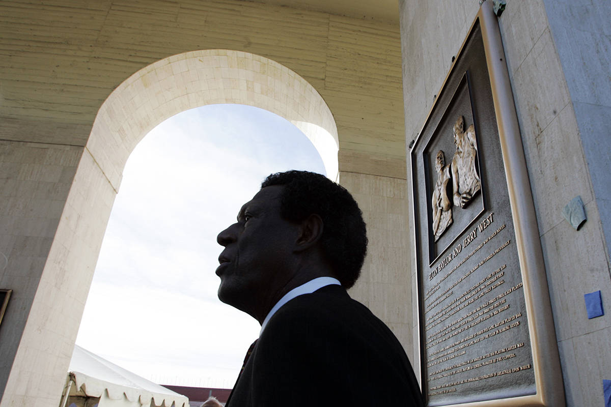 Former Los Angeles Lakers great Elgin Baylor is seen attend the unveiling of a bronze plaque de ...