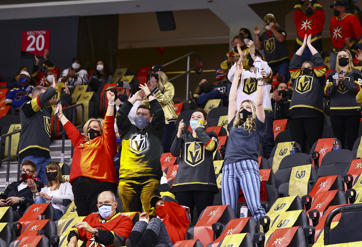 Golden Knights fans celebrate after a goal by Jonathan Marchessault, not pictured, during the f ...