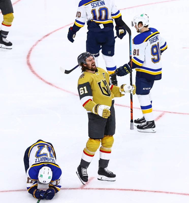 Golden Knights' Mark Stone (61) celebrates after scoring against St. Louis Blues goaltender Jor ...