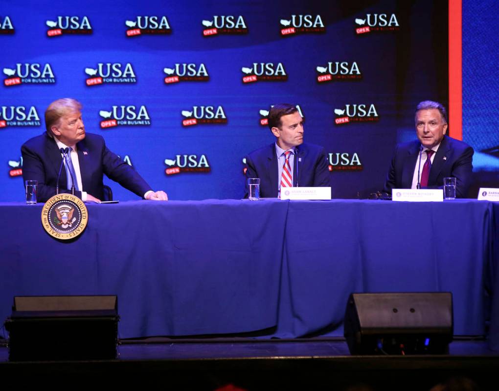 President Donald Trump, left, listens to Steven Witkoff, Chairman and CEO of the Witkoff Group, ...