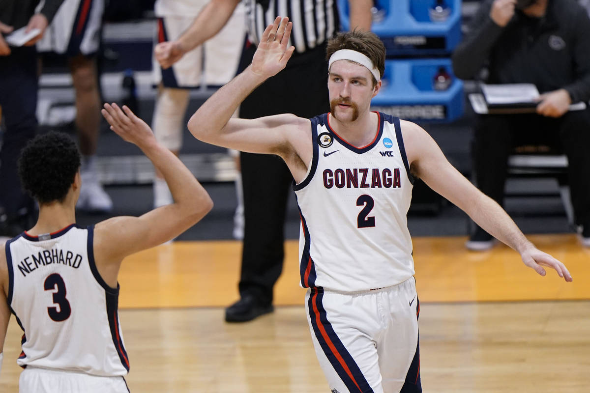 Gonzaga forward Drew Timme (2) reacts to being fouled while shooting while playing Oklahoma in ...