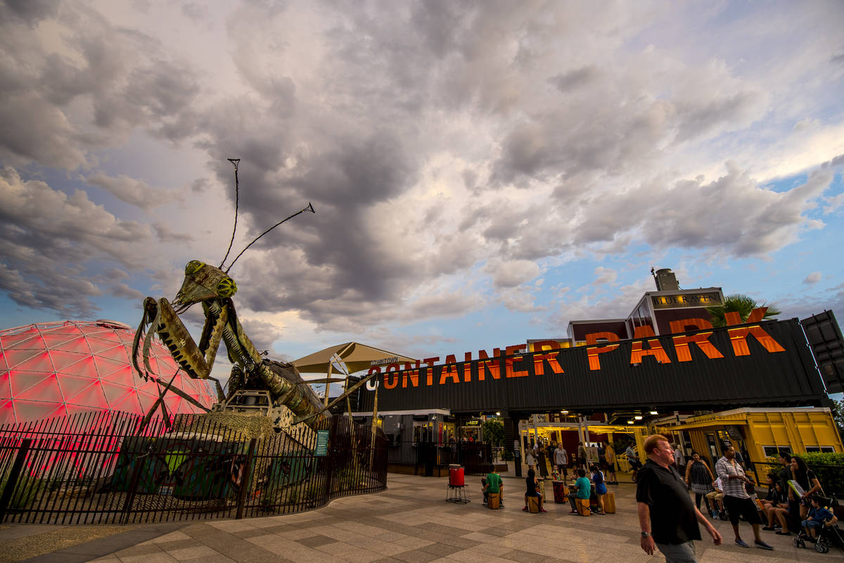 The fire-shooting preying mantis sits out front of Container Park in downtown Las Vegas in 2015 ...