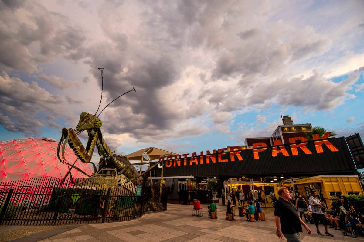 The fire-shooting preying mantis sits out front of Container Park in downtown Las Vegas in 2015 ...