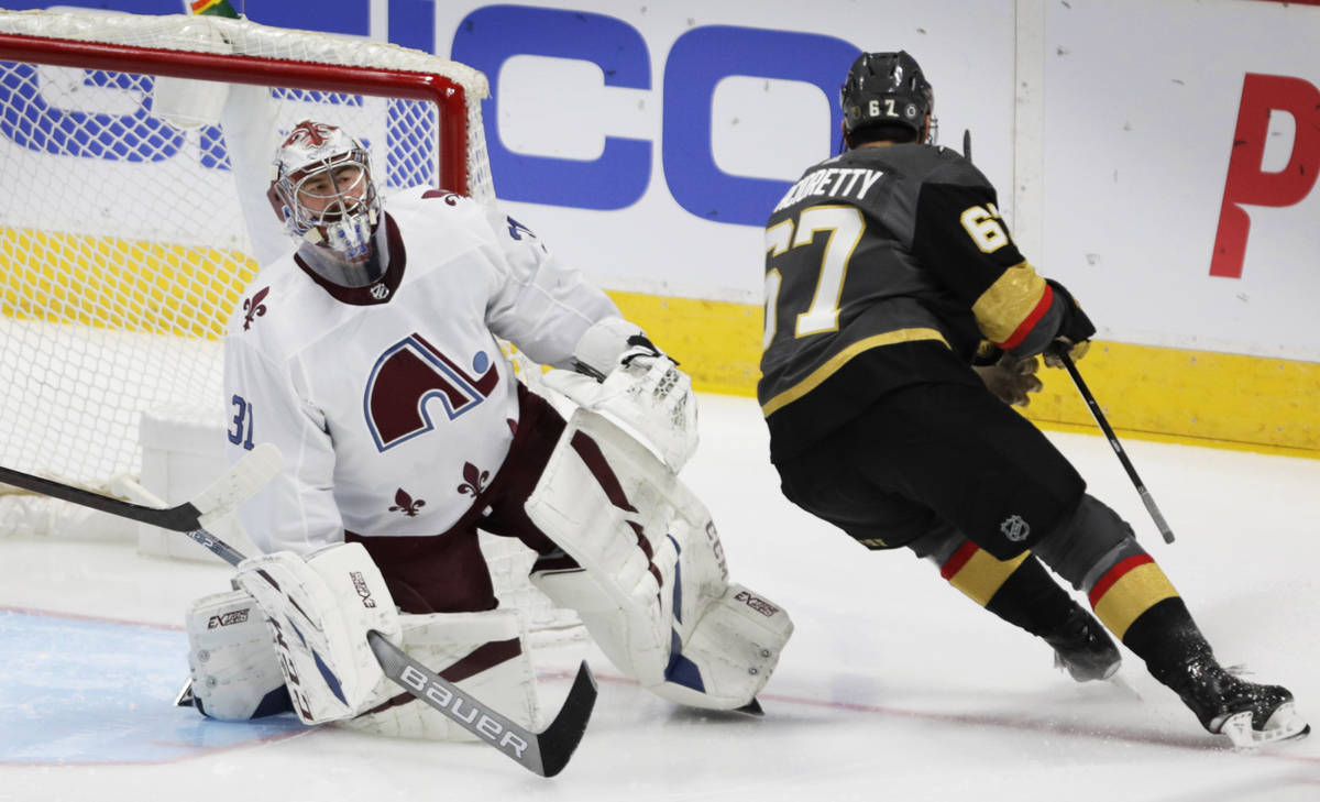 Colorado Avalanche goaltender Philipp Grubauer (31) reacts after Vegas Golden Knights left wing ...