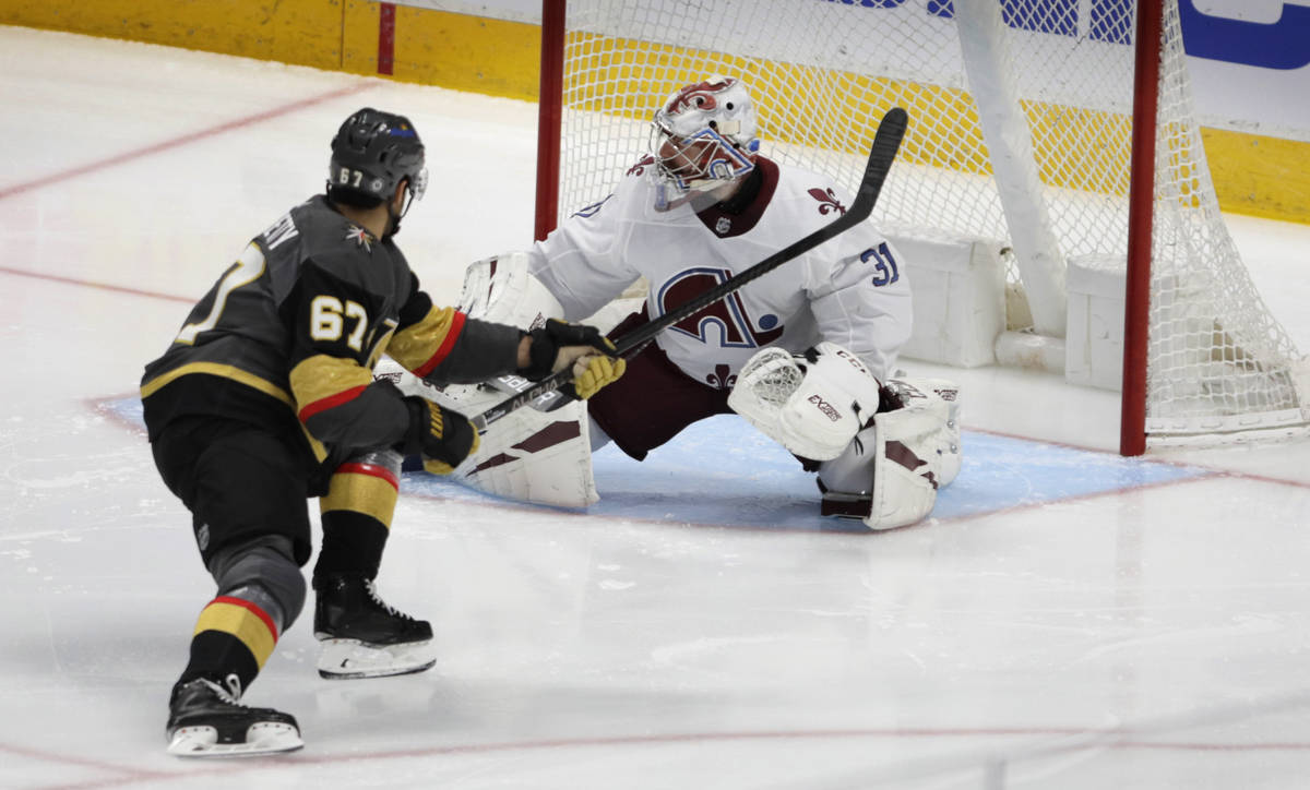 Vegas Golden Knights left wing Max Pacioretty (67) scores against Colorado Avalanche goaltender ...