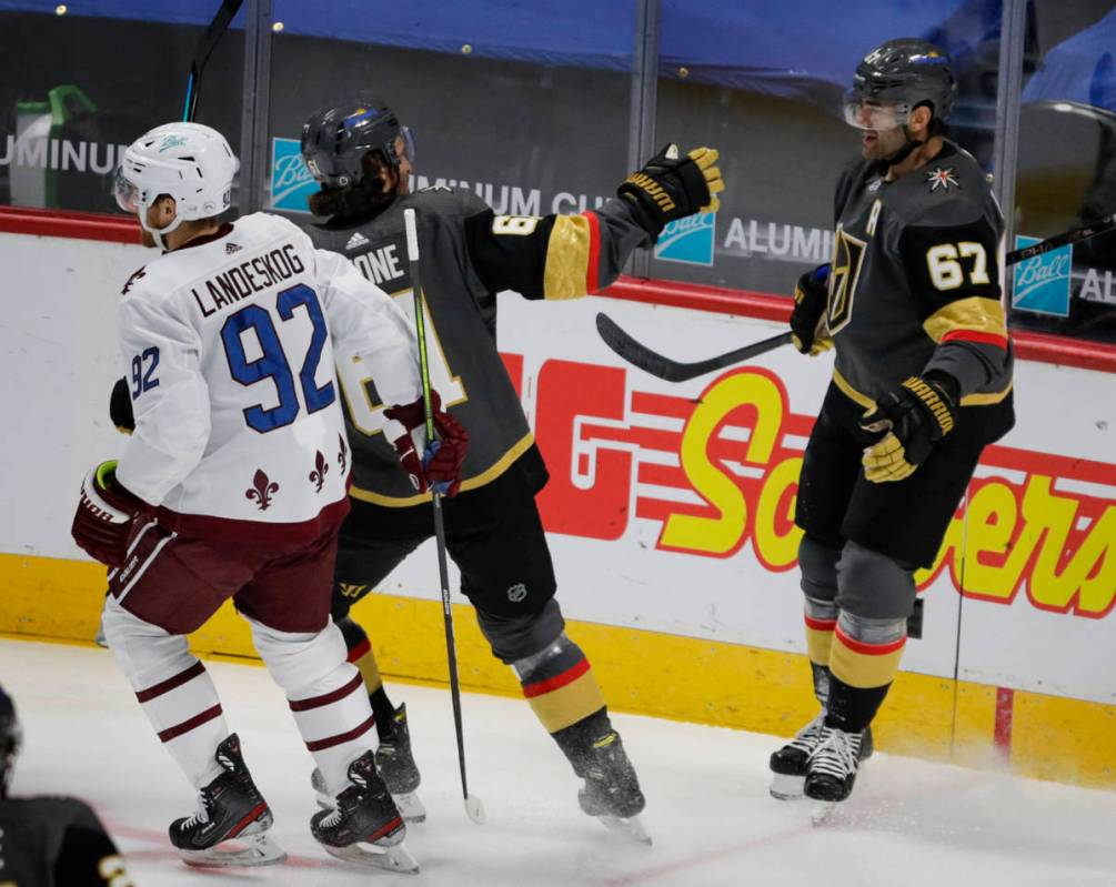 Colorado Avalanche left wing Gabriel Landeskog (92) skates past Vegas Golden Knights right wing ...