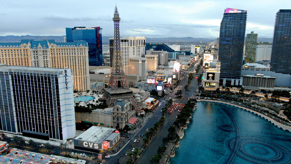 Aerial view of the Las Vegas Strip a year after the pandemic shutdown on Friday, March 12, 2021 ...