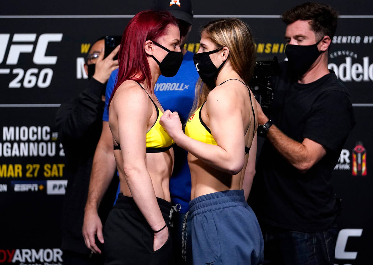 Opponents Gillian Robertson of Canada and Miranda Maverick face off during the UFC 260 weigh-in ...
