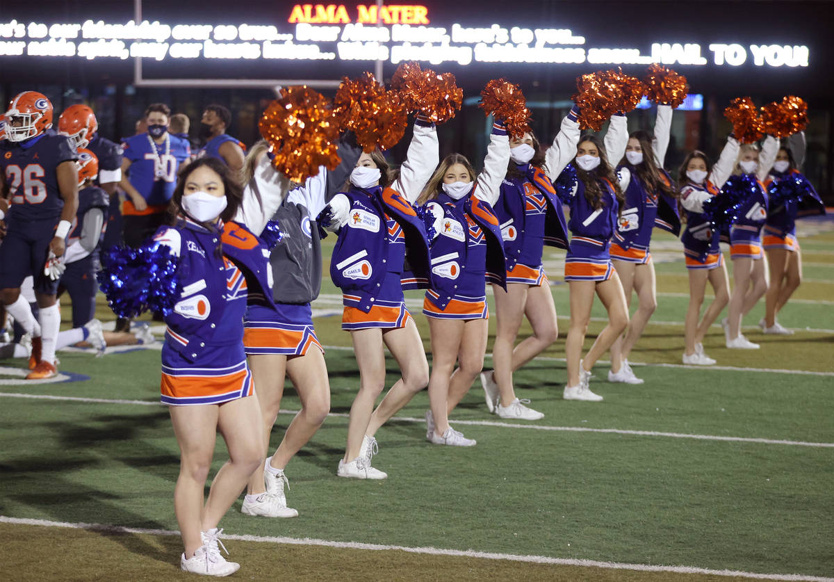 Cheerleaders celebrate Bishop Gorman's win against Faith Lutheran in a football game at Bishop ...