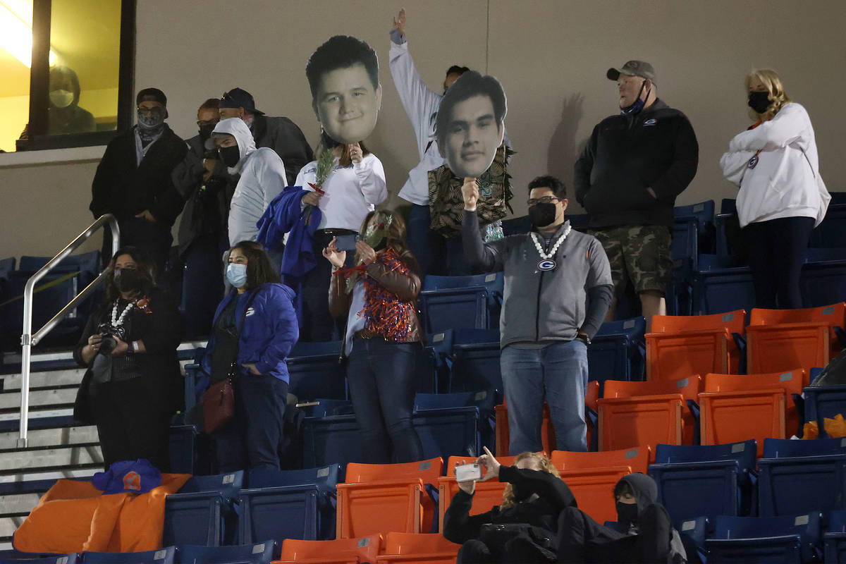 Fans celebrate for Bishop Gorman in their football game against Faith Lutheran at Bishop Gorman ...