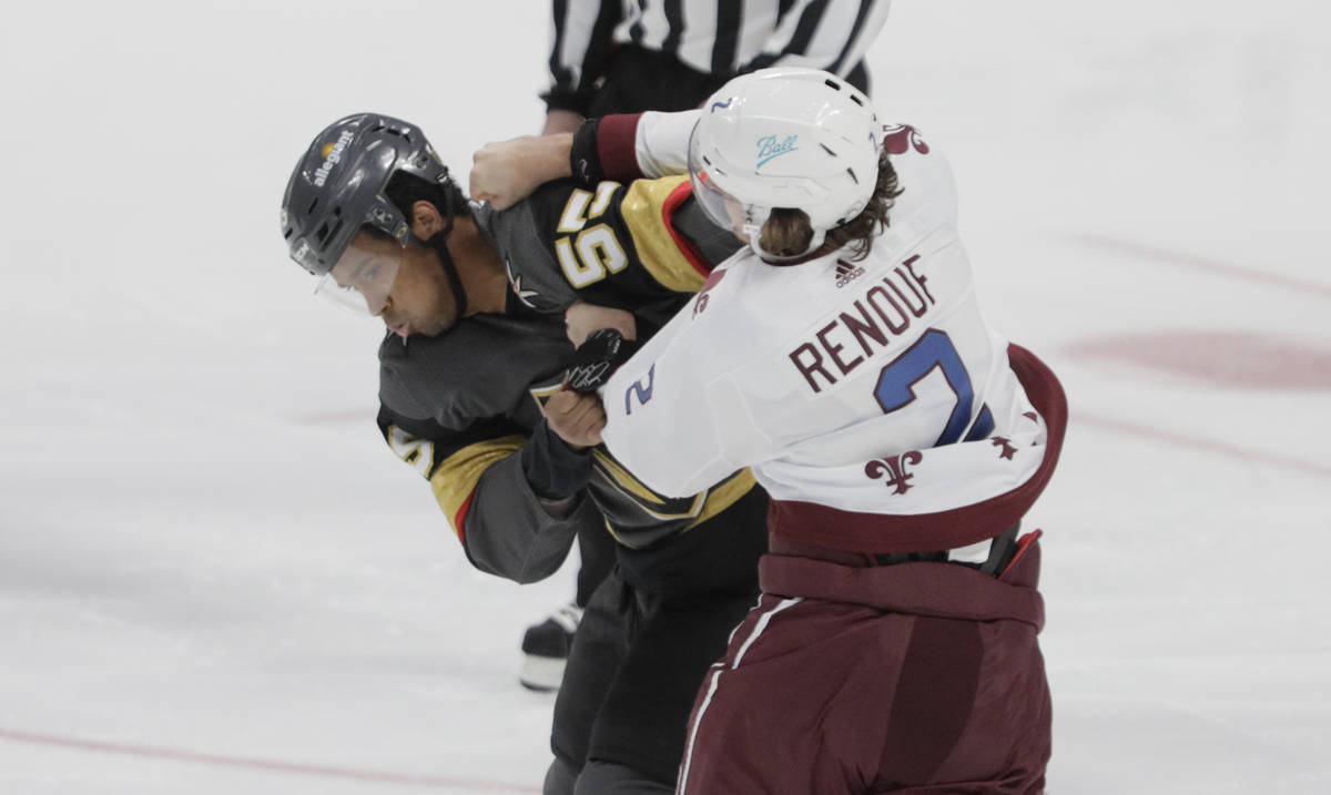 Vegas Golden Knights left wing William Carrier (28) hops over a shot against Colorado Avalanche ...