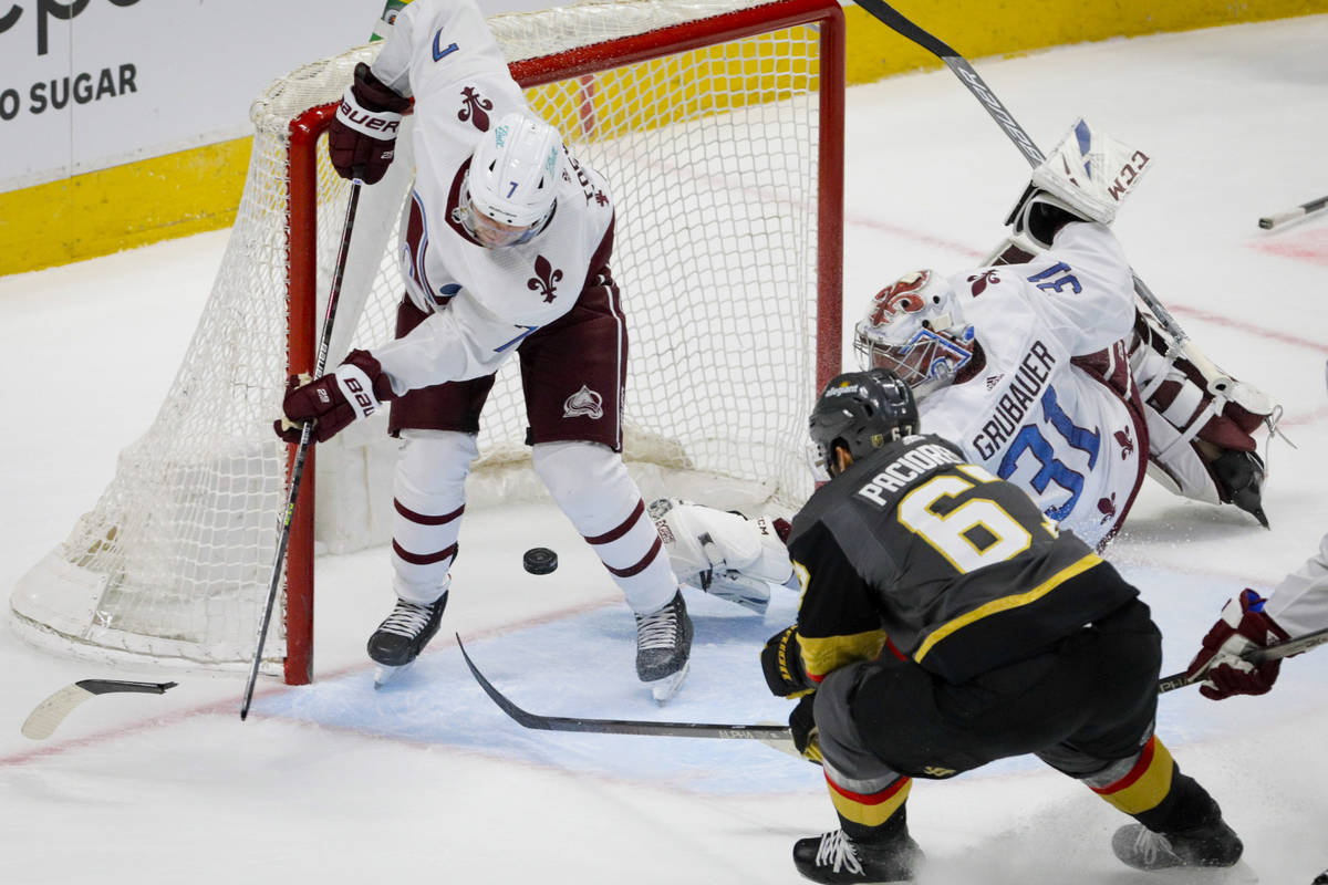 Vegas Golden Knights left wing Max Pacioretty (67) scores the winning goal as Colorado Avalanch ...