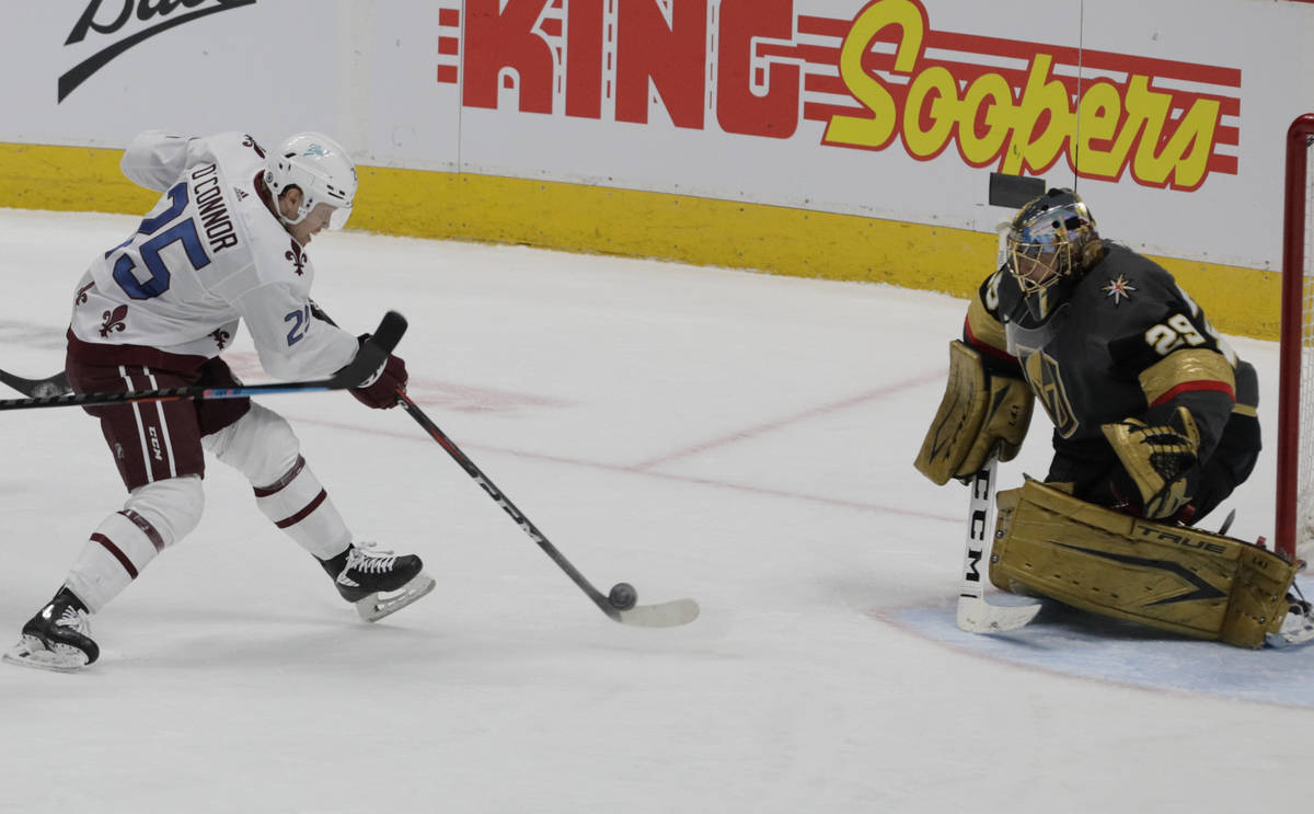 Colorado Avalanche right wing Logan O'Connor (25) shoots on Vegas Golden Knights goaltender Mar ...